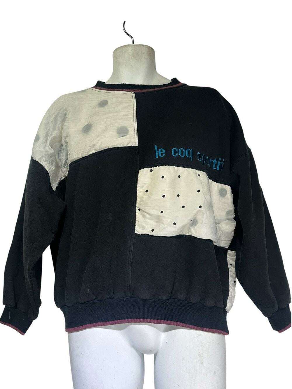 Vintage Le Coq Sportif Mens Size M Black Patchwork Polka Dot Crewneck Sweatshirt